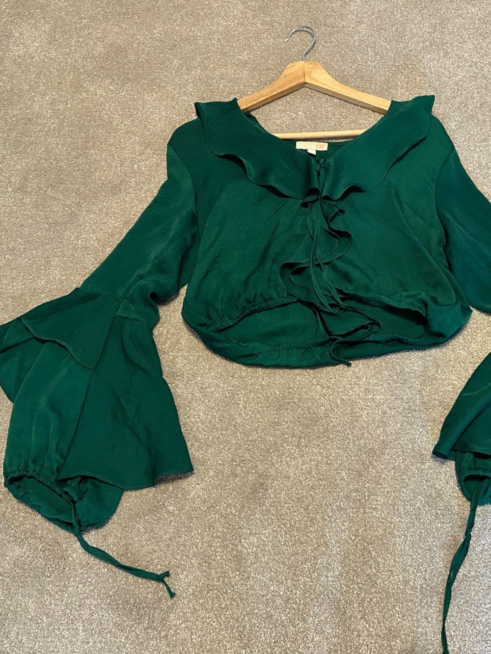 Gianni Bini Green Ruffle Crop Top Bell Sleeves (Size Small)